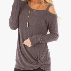 Comfy Soft Casual Cold Shoulder Long Sleeve Side Twist Knotted Top